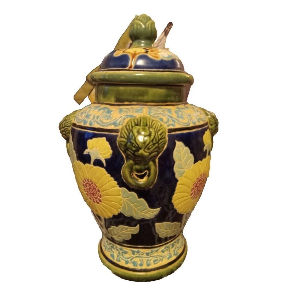 11" Vintage Sgraffito Pottery Lidded Urn With Lion Dragon Heads Sunflowers
